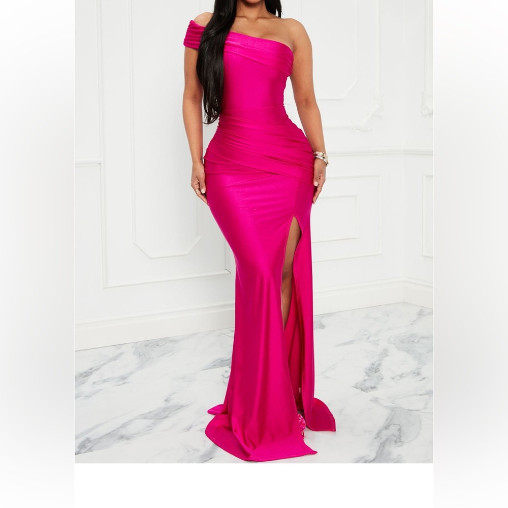 Pink Maxi One Shoulder Gown with Slit and Ruffles for Prom - Picture 4 of 4